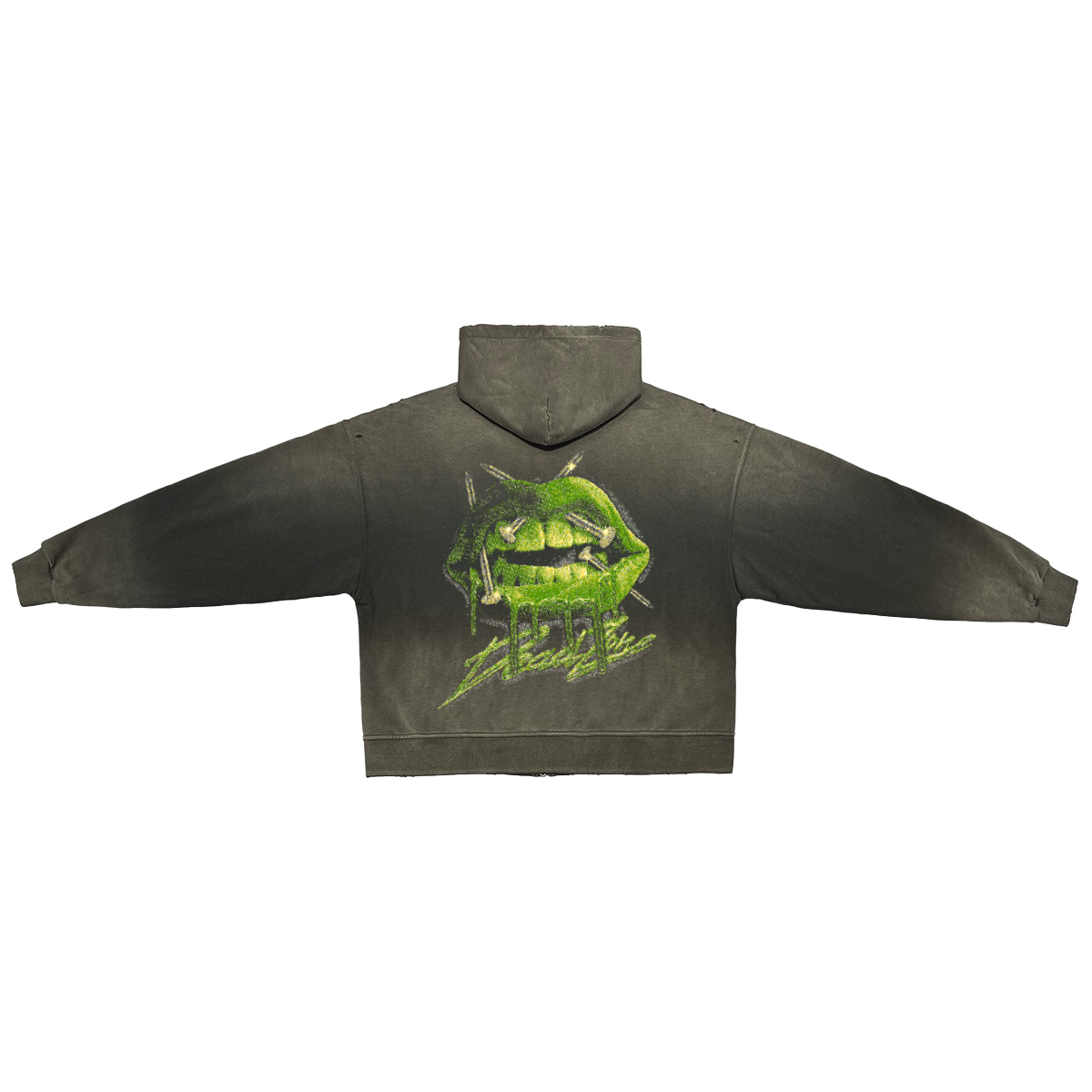 NAIL LIPS - DISTRESSED HOODIE - FADED DARK GRAY