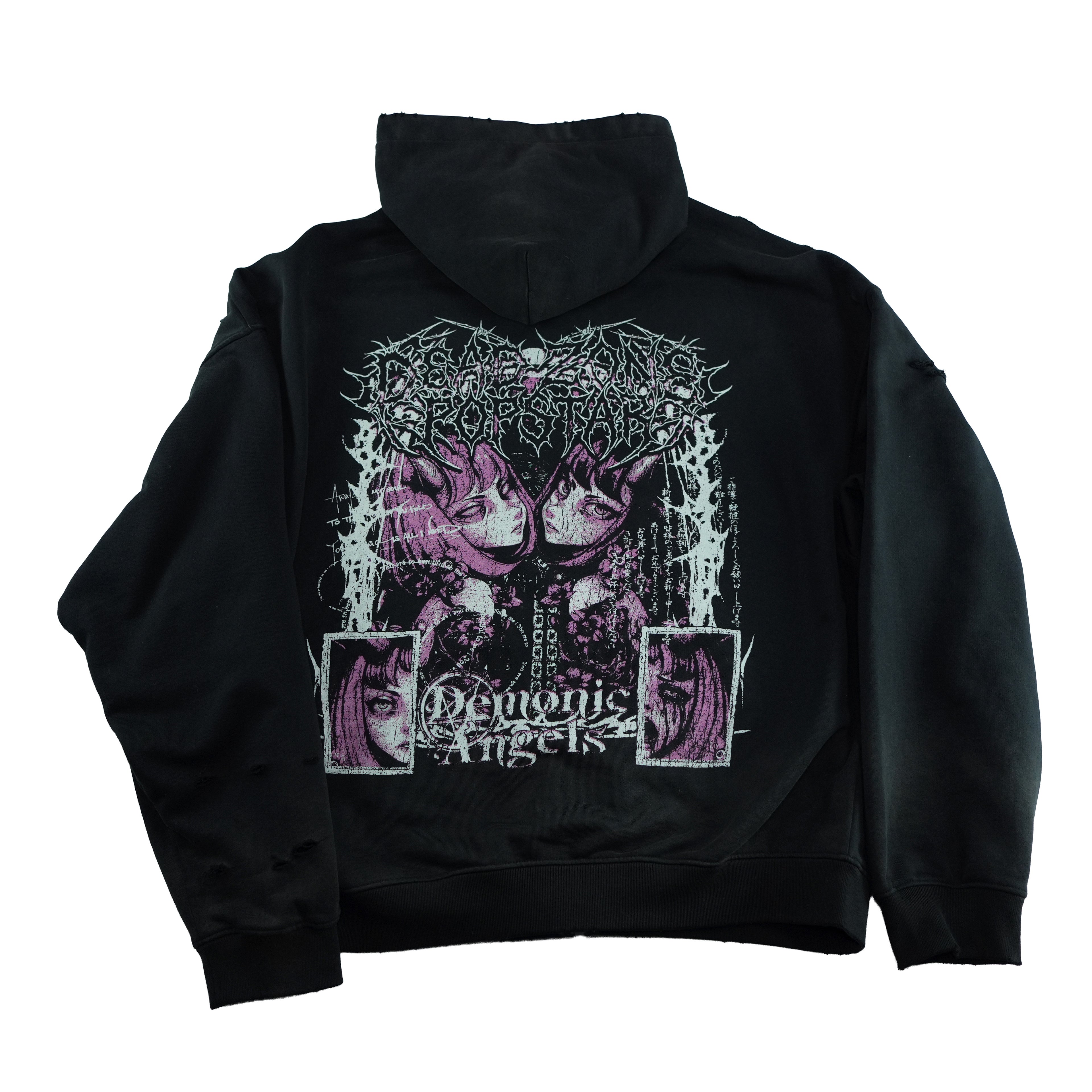 DEMONIC ANGELS HOODIE - DISTRESSED HOODIE - FADED SUN BLACK