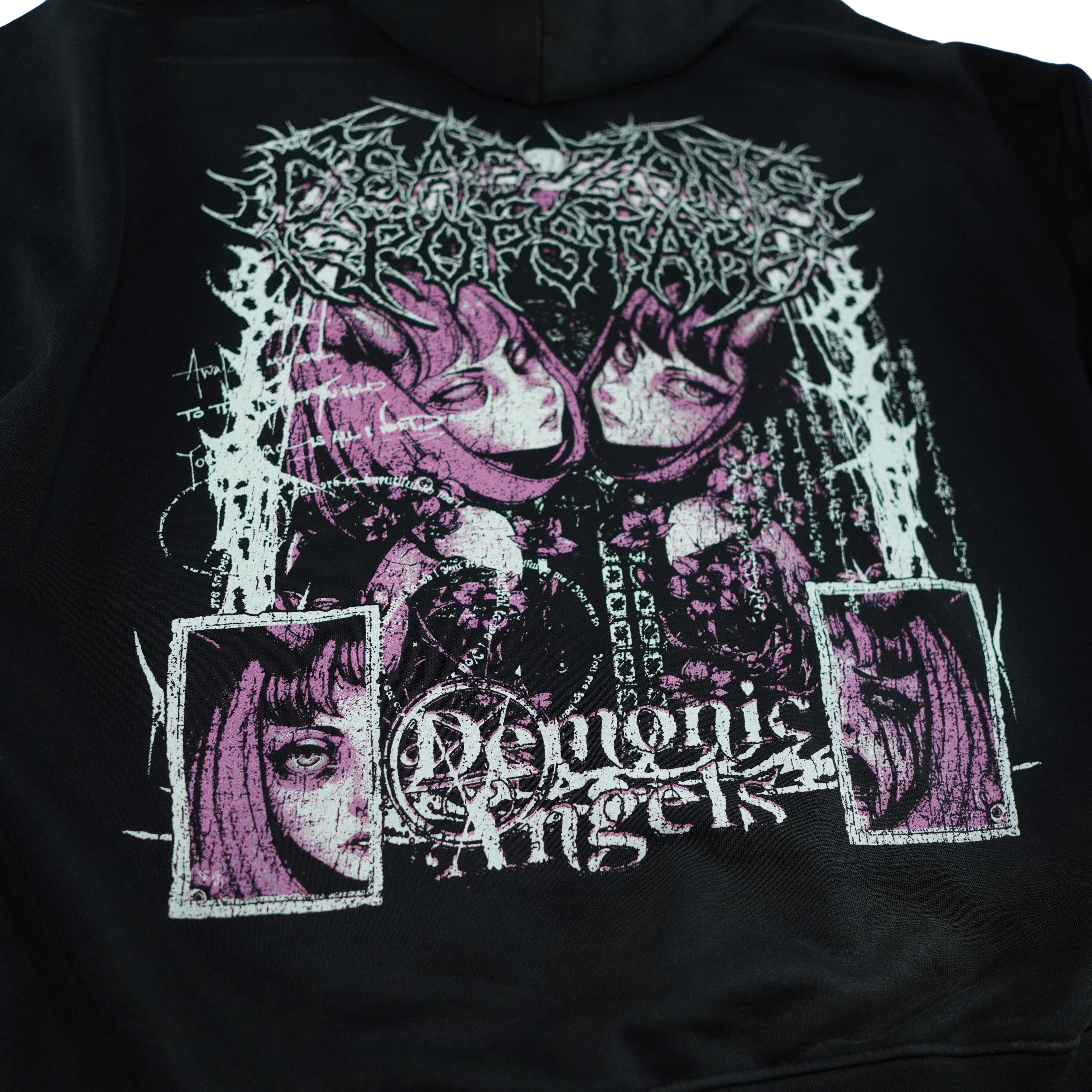 DEMONIC ANGELS HOODIE - DISTRESSED HOODIE - FADED SUN BLACK
