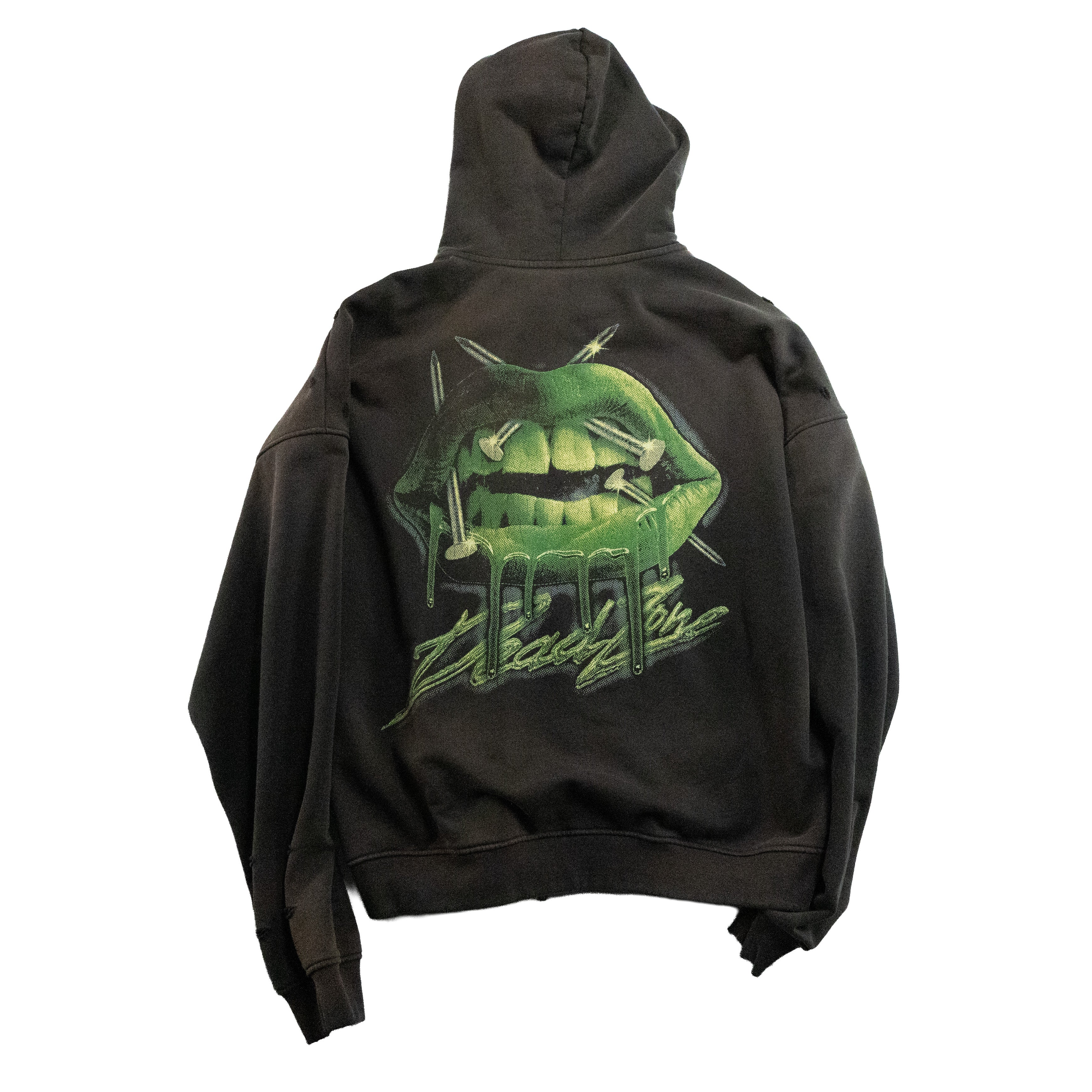 NAIL LIPS - DISTRESSED HOODIE - FADED DARK GRAY